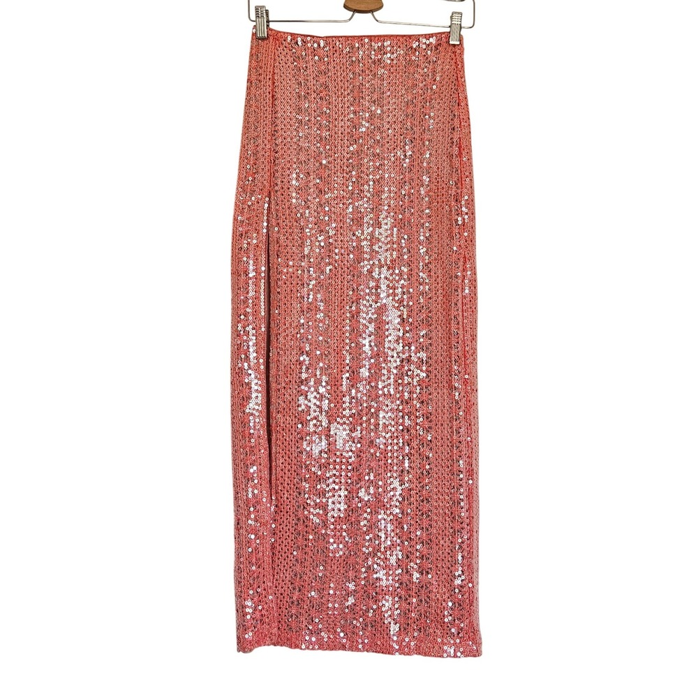 Michael Costello x REVOLVE Catiana Sequin Maxi Skirt Coral Pink High Slit XS New - Picture 4 of 12